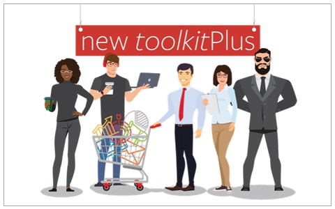 Illustration of five agents in front of a red banner that reads, New toolkitplus.