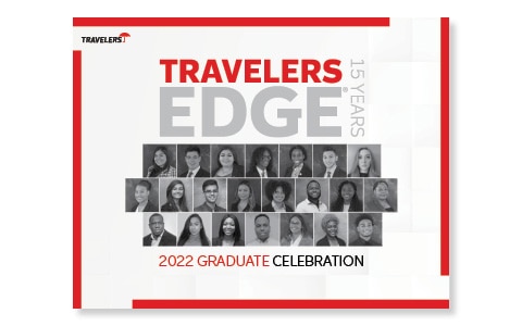 Travelers Edge logo. Group of black and white headshot images of 2022 Travelers Edge graduates.