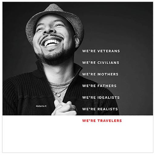 Man laughing. Text, We're veterans. We're civilians. We're mothers. We're fathers. We're idealists. We're realists. We're Travelers.