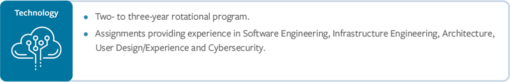 The seventh row is titled Technology with a logo underneath. The text description is as follows: 2 to 3 year rotational program. Assignments providing experience in Software Engineering, Infrastructure Engineering, Architecture, User Design/Experience and Cybersecurity.