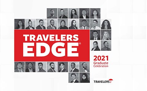 Travelers Edge logo. Group of black and white headshot images of 2021 Travelers Edge graduates.
