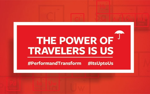 Logo, The Power of Travelers is Us. Text, Hashtag Perform and Transform. Hashtag It's up to us.