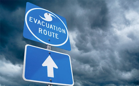 Road sign indicating storm evacuation route.